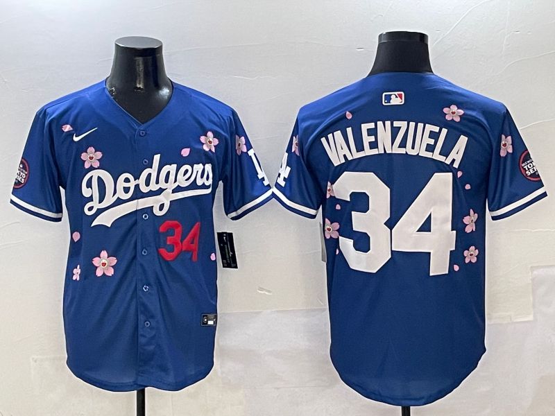Men Los Angeles Dodgers 34 Valenzuela Blue Sakura Edition 2025 Nike MLB Jersey style 4